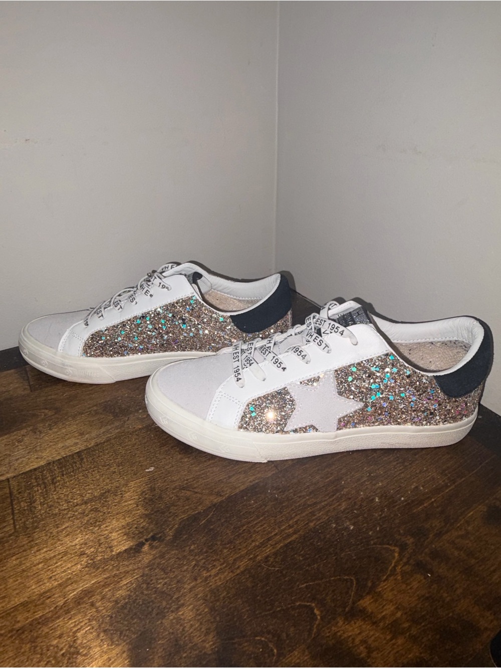 NWT or Box: Vintage Havana White Sneakers with Glitter Star Panels